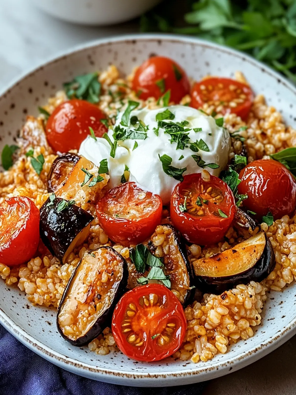 Bulgur mit Tomaten, Auberginen und Joghurt
