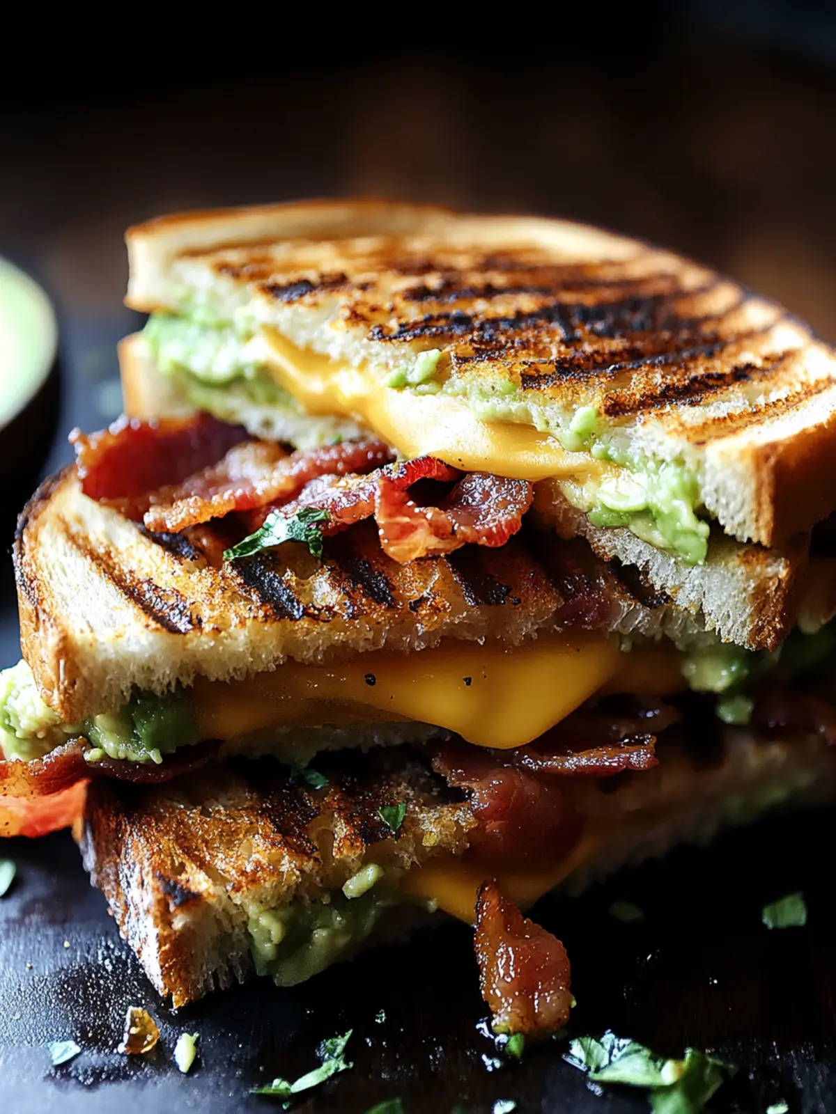 Gegrilltes Sandwich mit Avocado, Speck und Käse