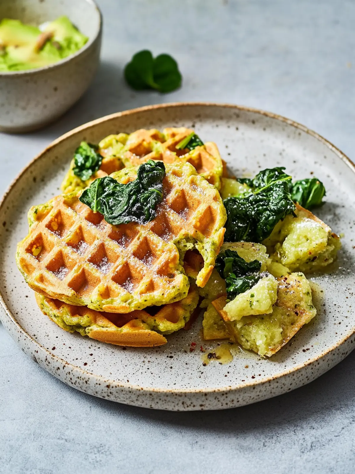 Vegane Brokkoli-Waffeln mit Spinat-Gemüse