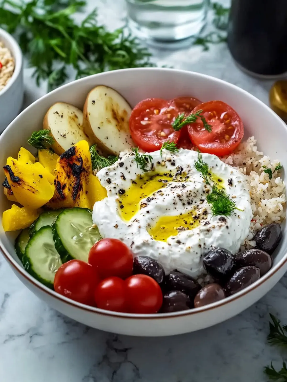 Griechische Hähnchen-Bowl mit Skyr-Zaziki & Vollkornreis