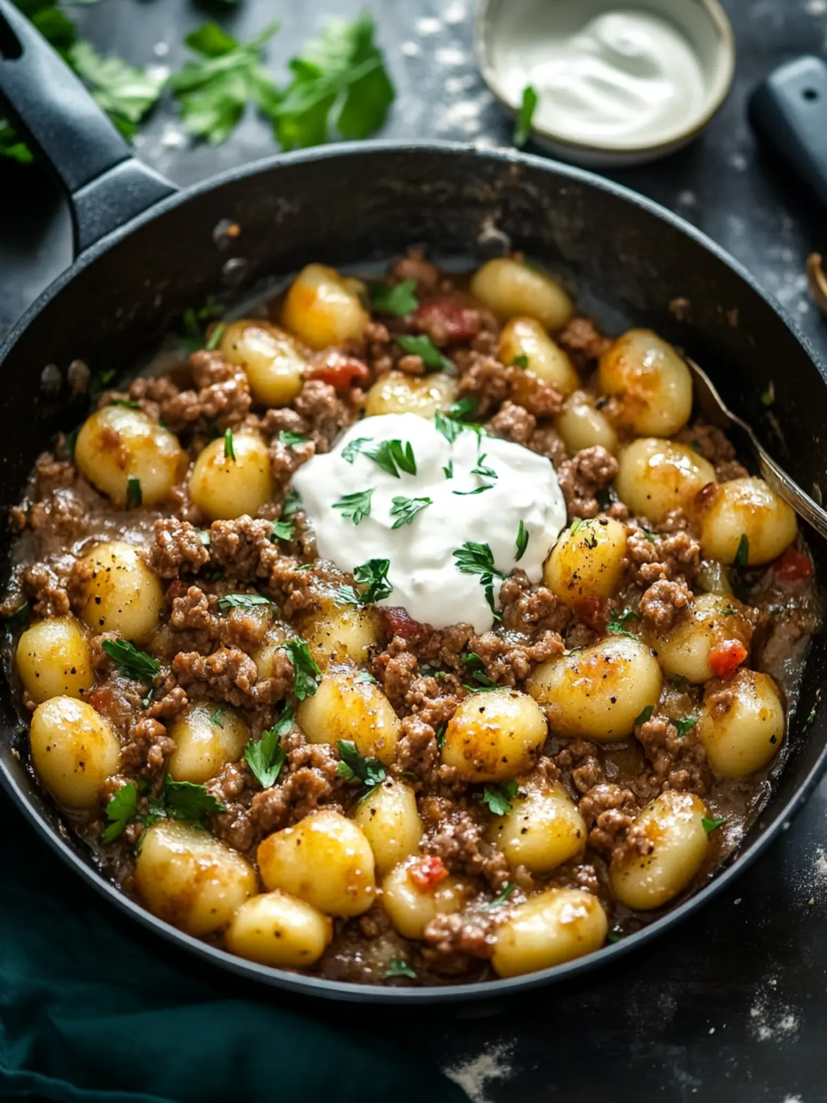 Simple skillet dish with ground meat, gnocchi, and sour cream