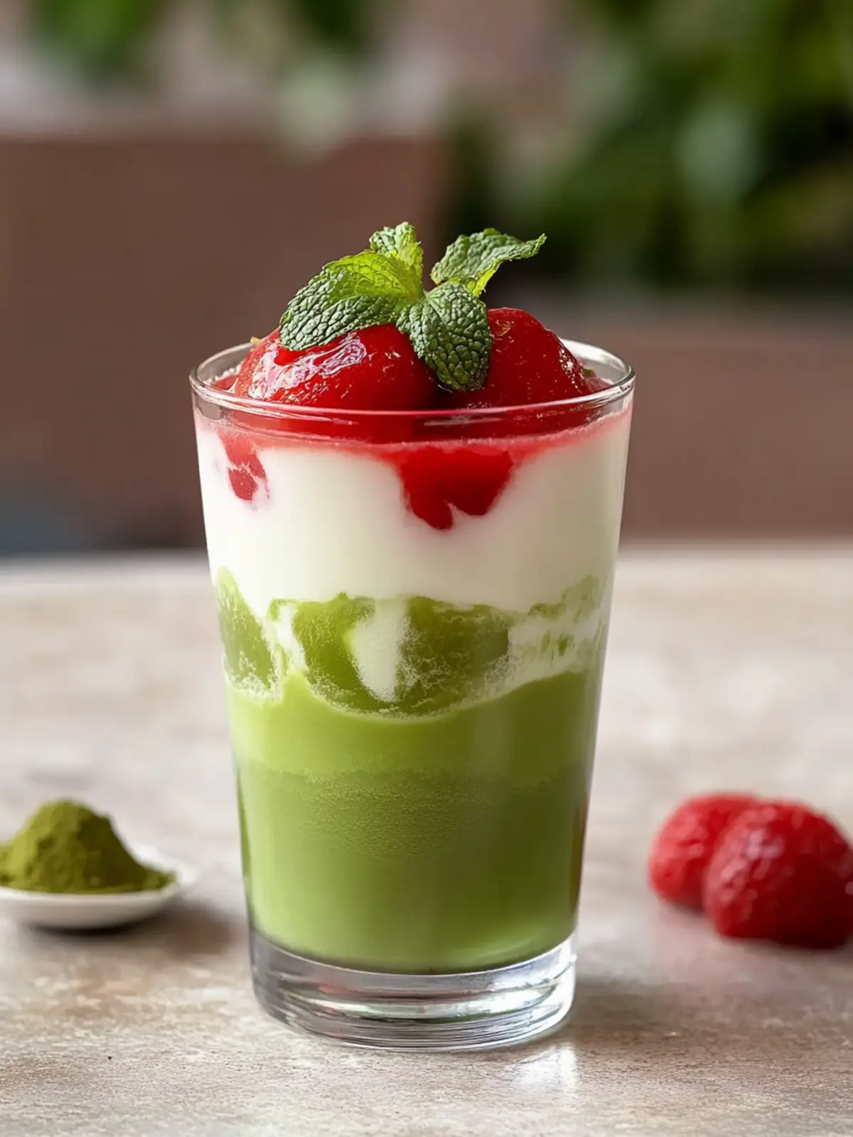 Eisgekühlter Erdbeer-Matcha-Latte
