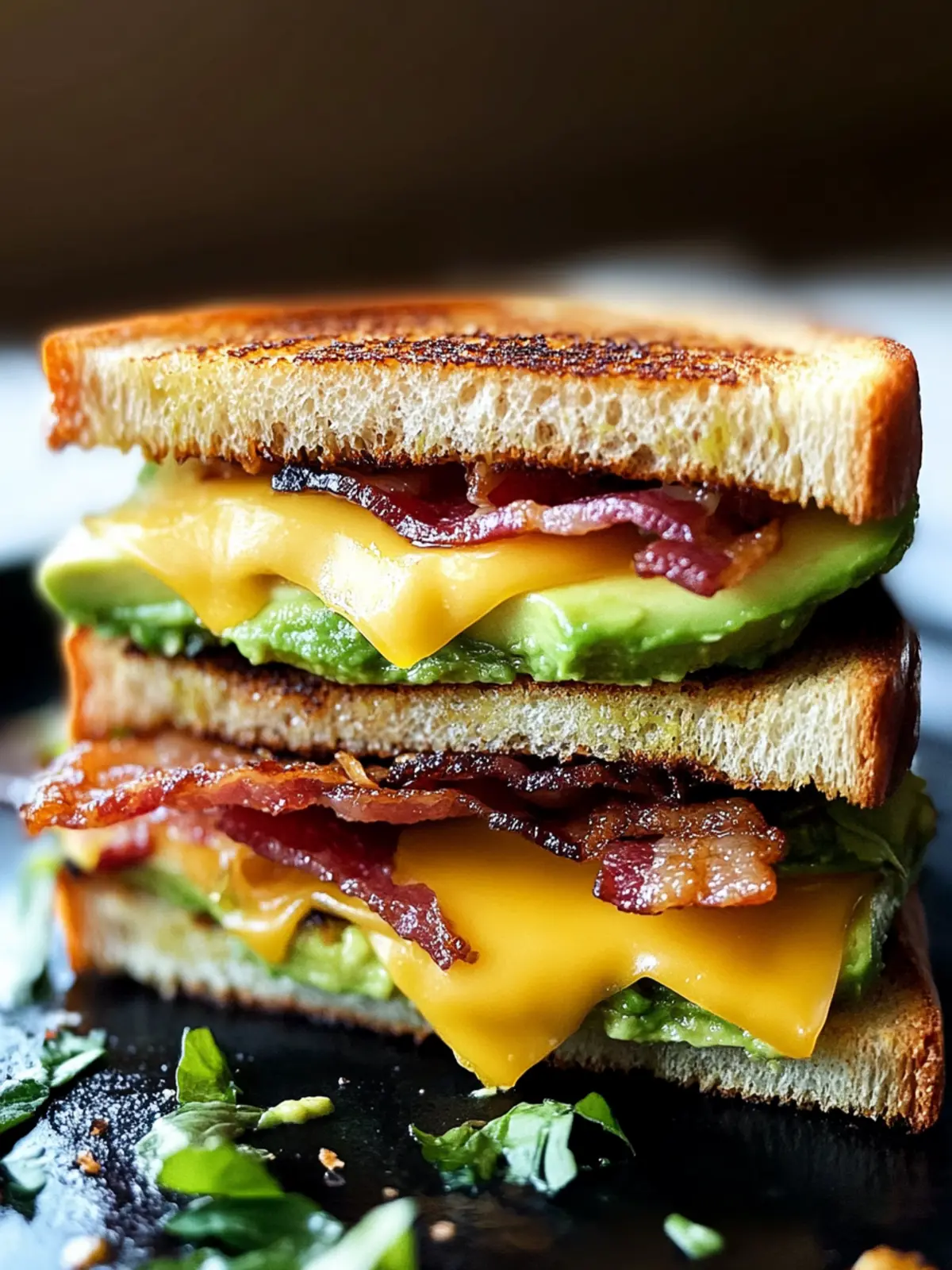Gegrilltes Sandwich mit Avocado, Speck und Käse