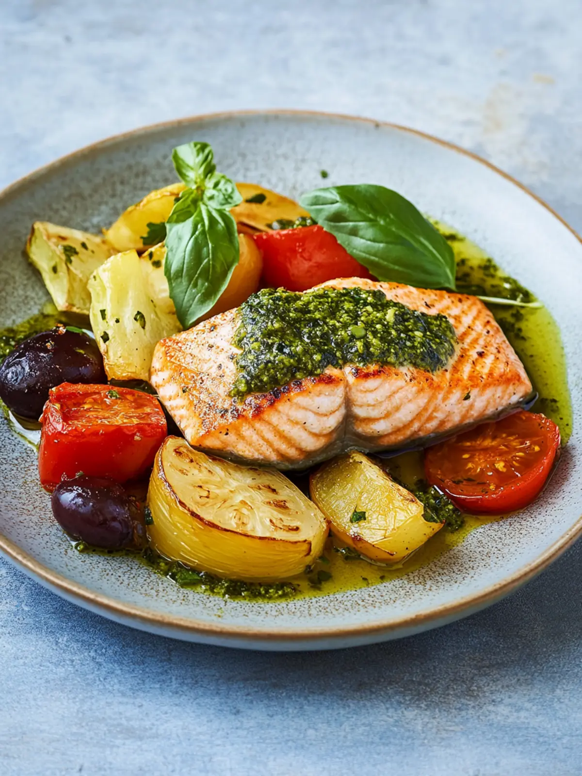 Lachs aus dem Airfryer mit mediterranem Gemüse und Pesto