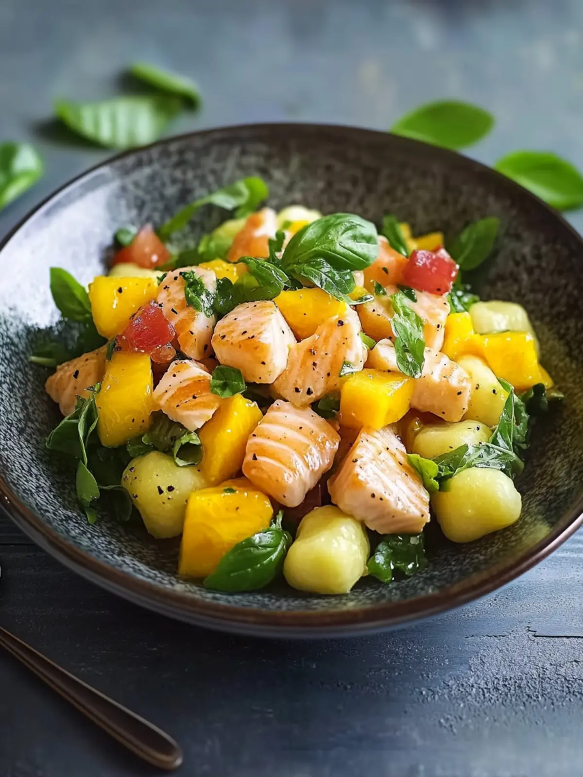 Sommerlicher Gnocchi-Salat mit Mango und Lachs