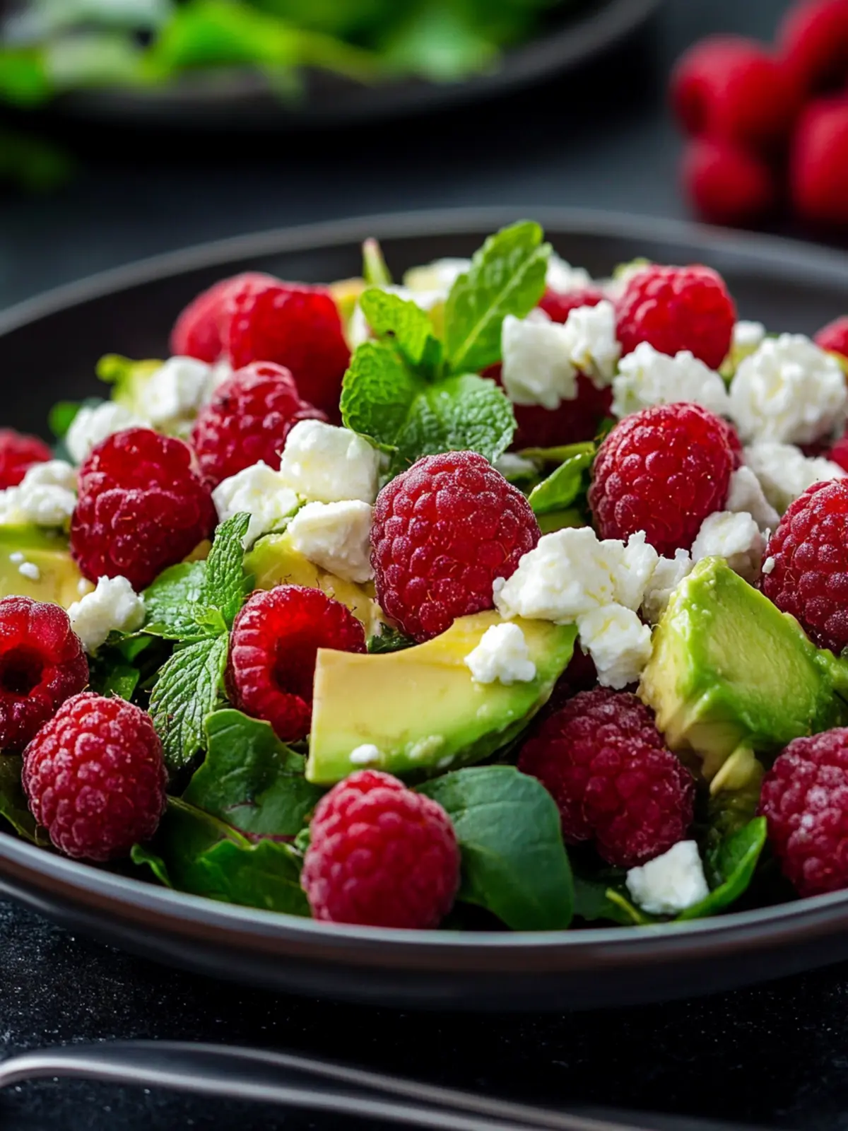 Refreshing summer delight: fruity salad with raspberries, avocado, and feta