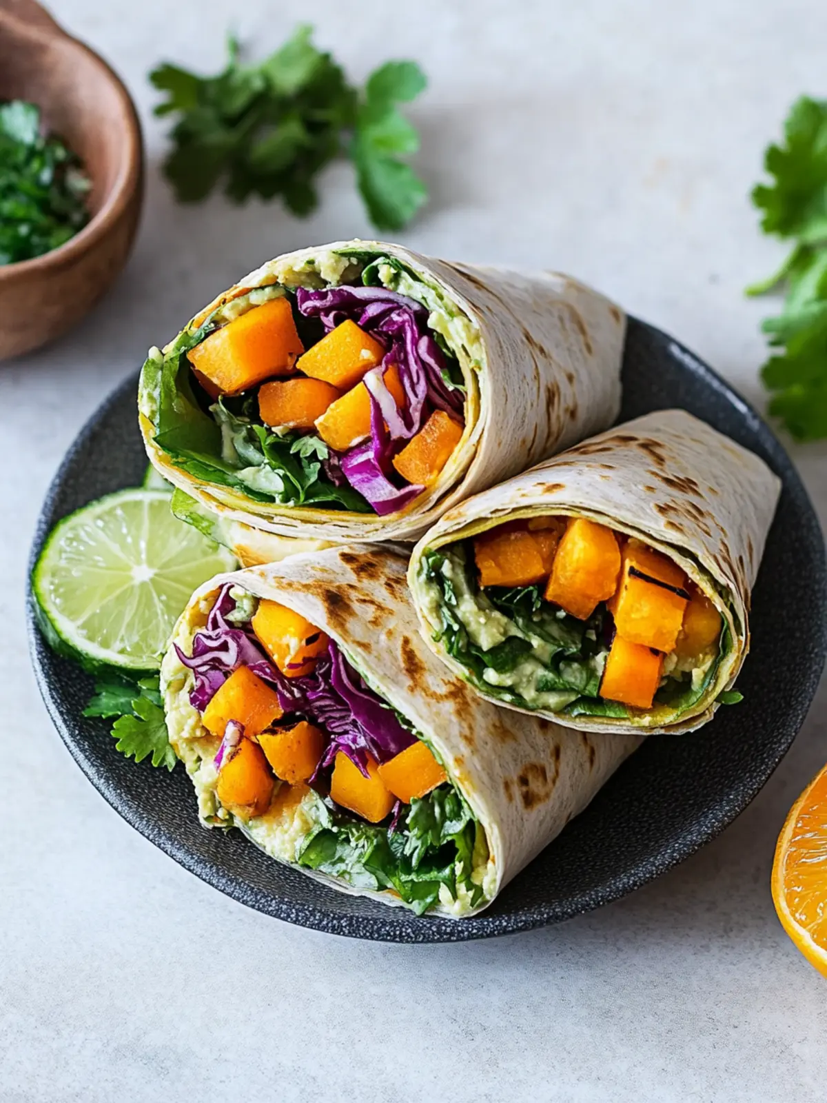 Bunte Wraps mit Süßkartoffeln und Grünkohl