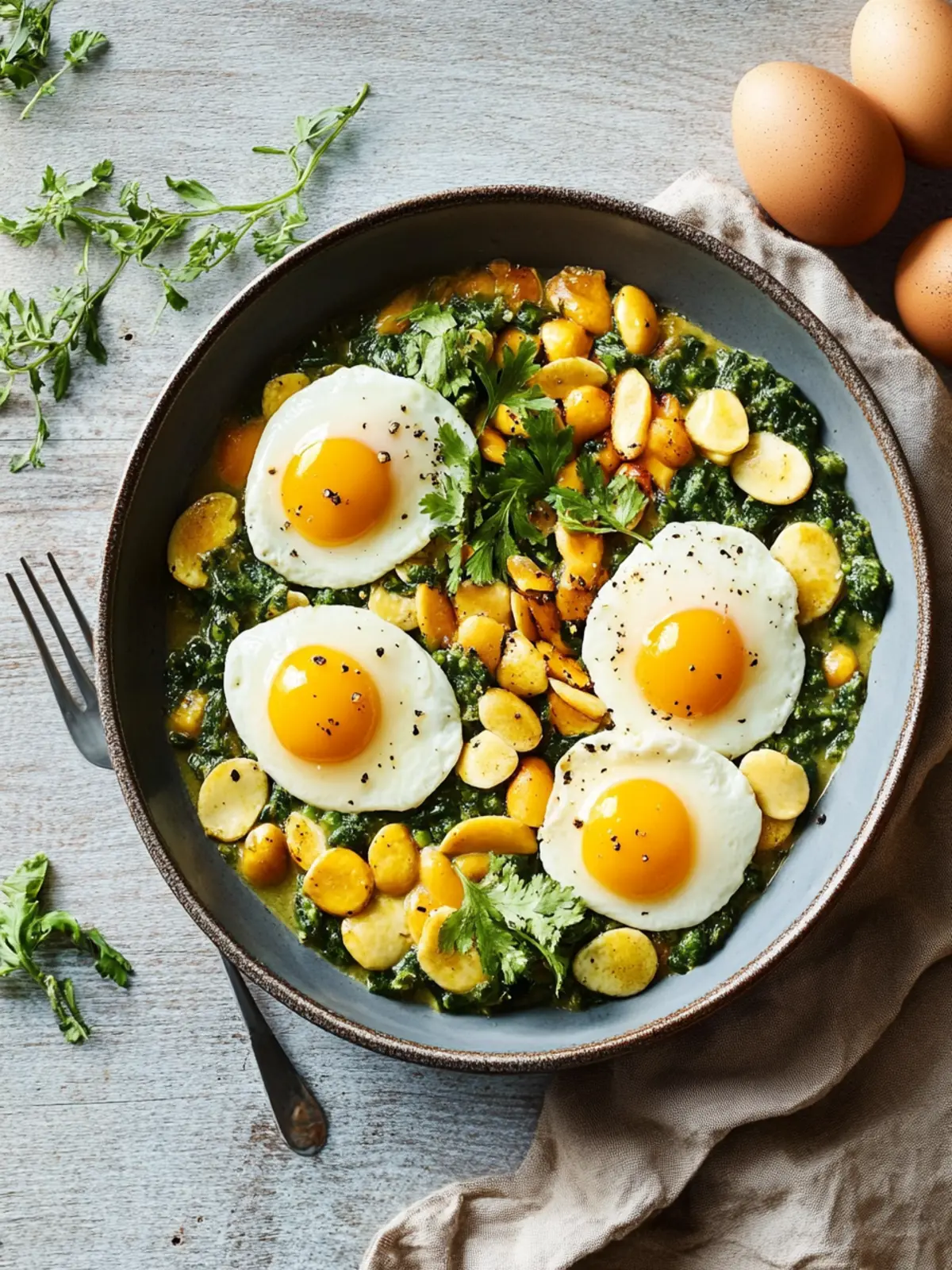 Bohnenpfanne mit Eiern: lecker, günstig und gesund