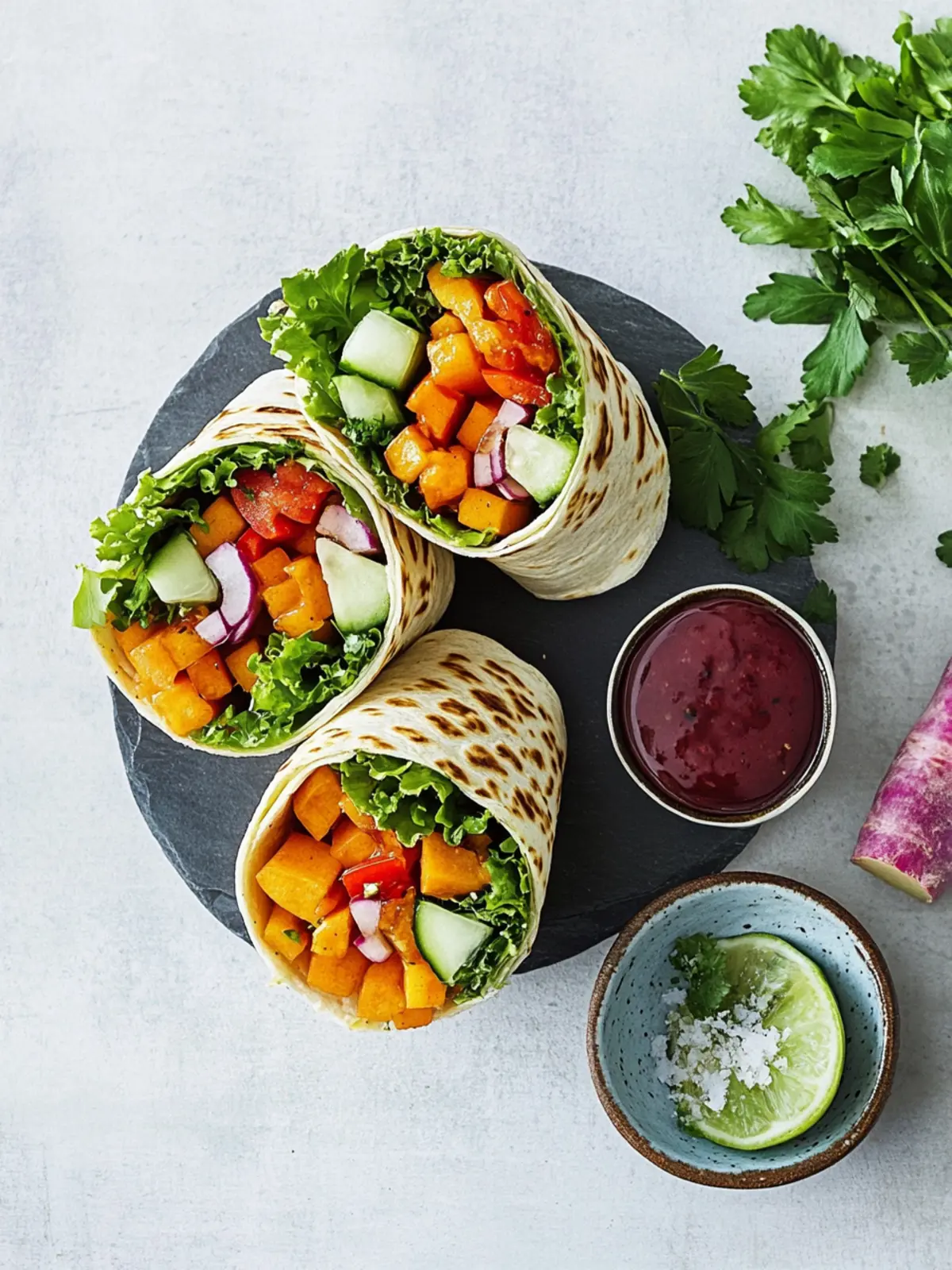 Bunte Wraps mit Süßkartoffeln und Grünkohl