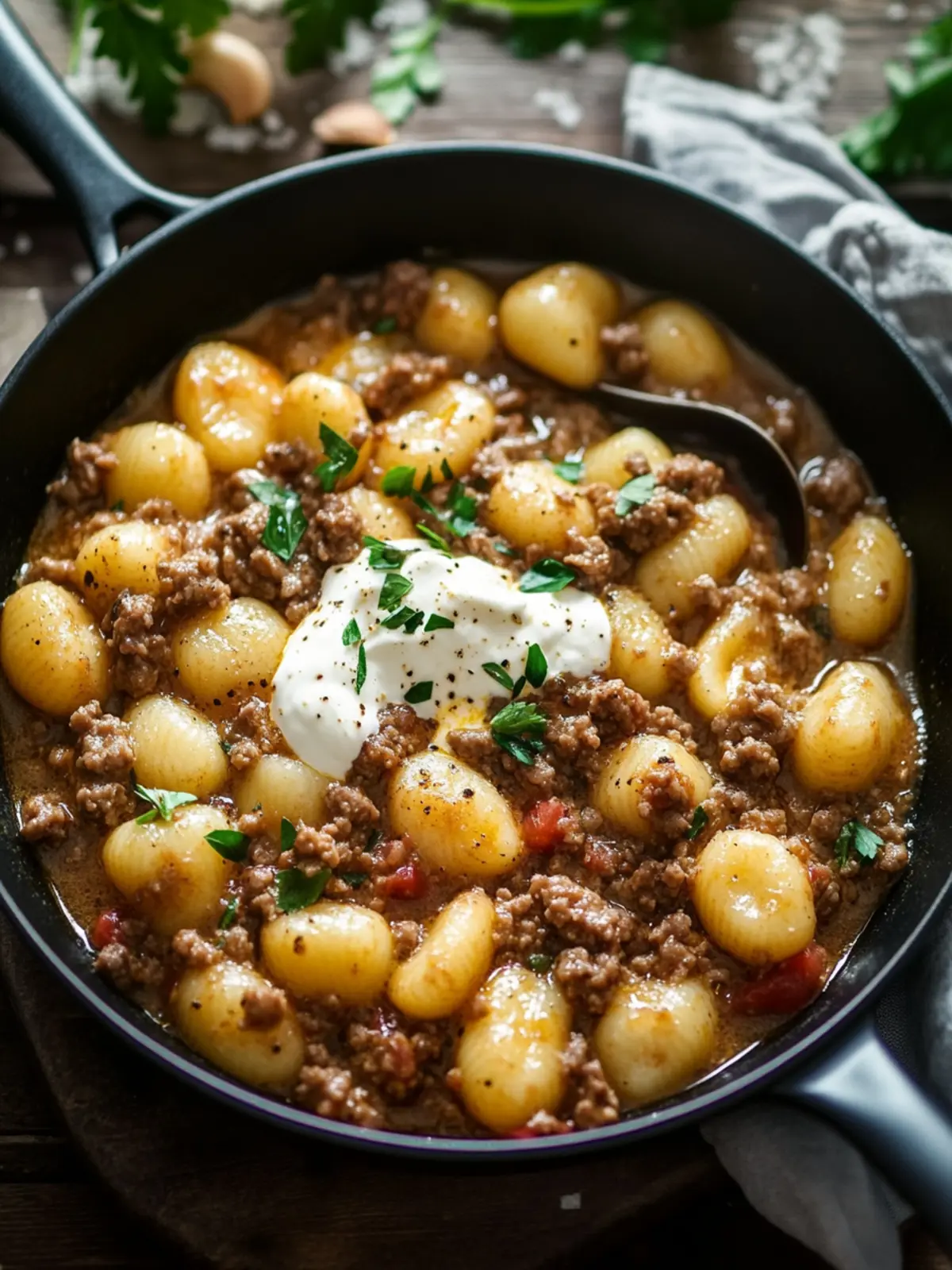 Simple skillet dish with ground meat, gnocchi, and sour cream