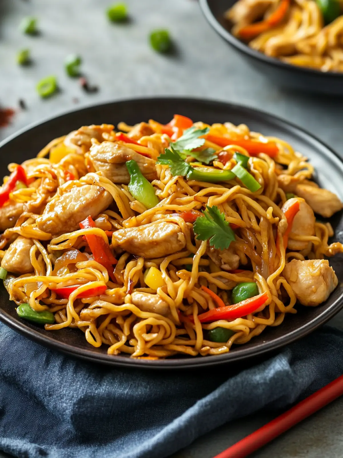 Fried noodles with chicken and vegetables