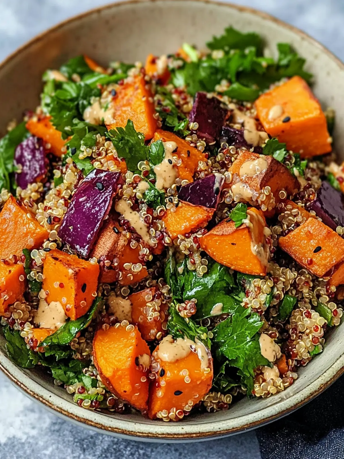 Roasted Sweet Potato Quinoa Salad with Sesame Miso Dressing