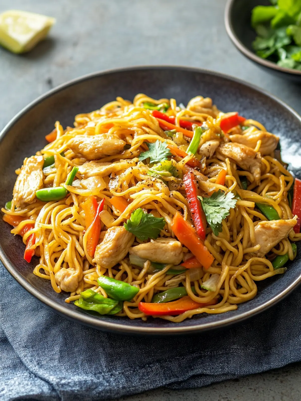 Fried noodles with chicken and vegetables