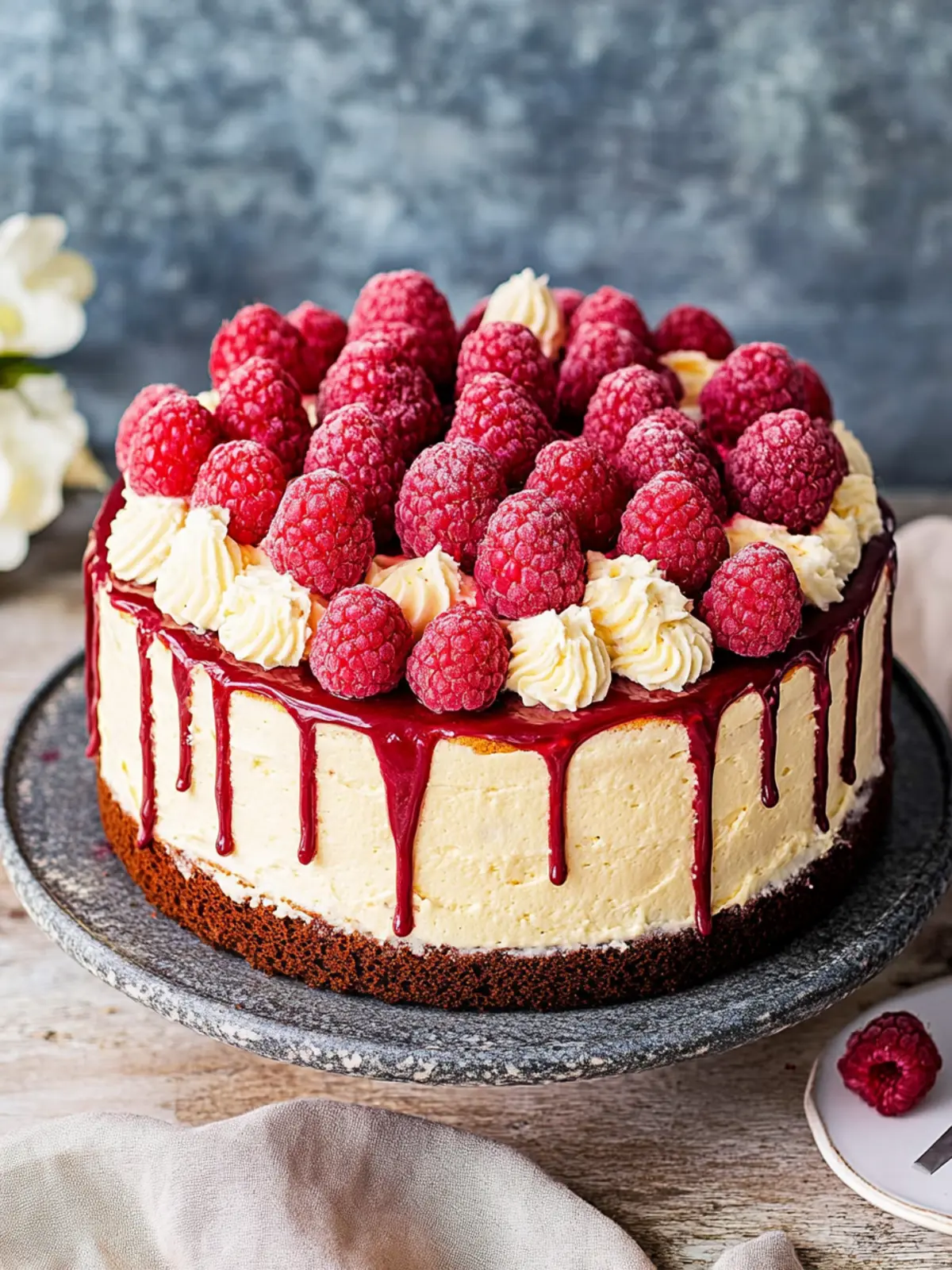 White chocolate cake - with raspberries & ganache