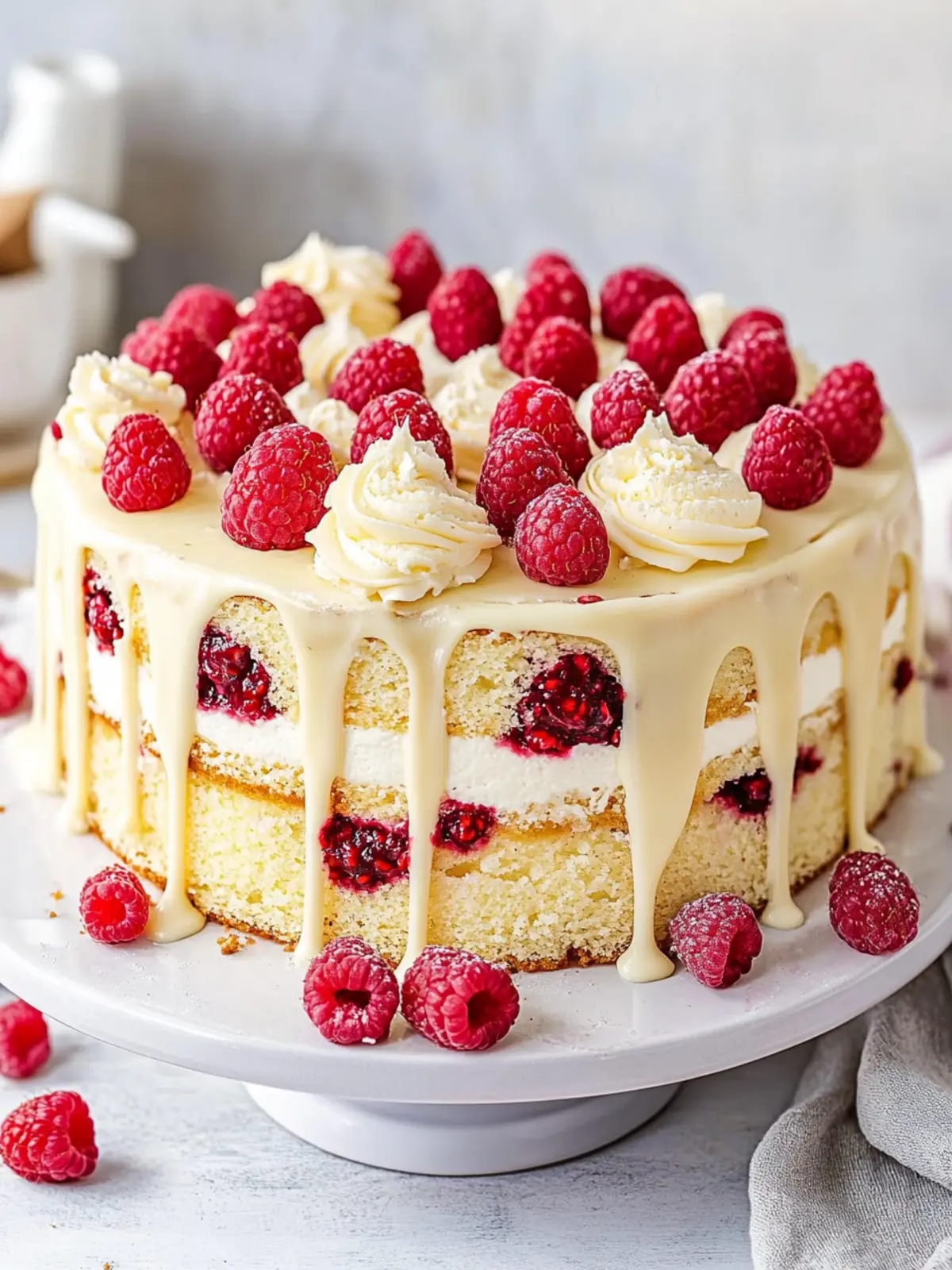 White chocolate cake - with raspberries & ganache
