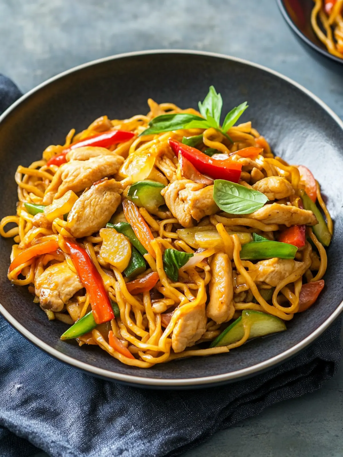 Fried noodles with chicken and vegetables