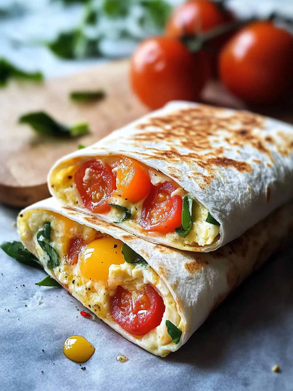 Frühstückswrap mit Ei, Käse und Tomaten