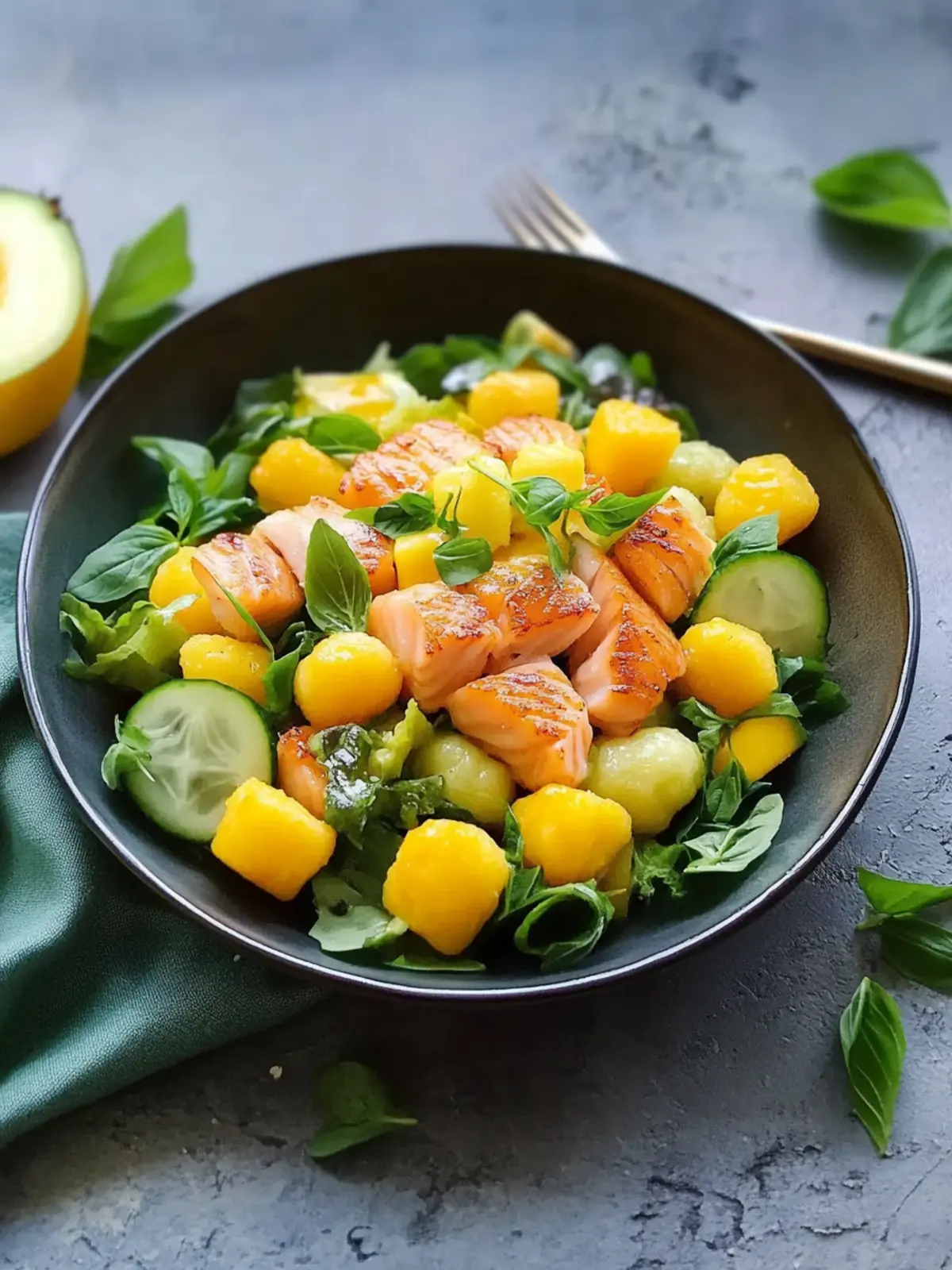 Sommerlicher Gnocchi-Salat mit Mango und Lachs