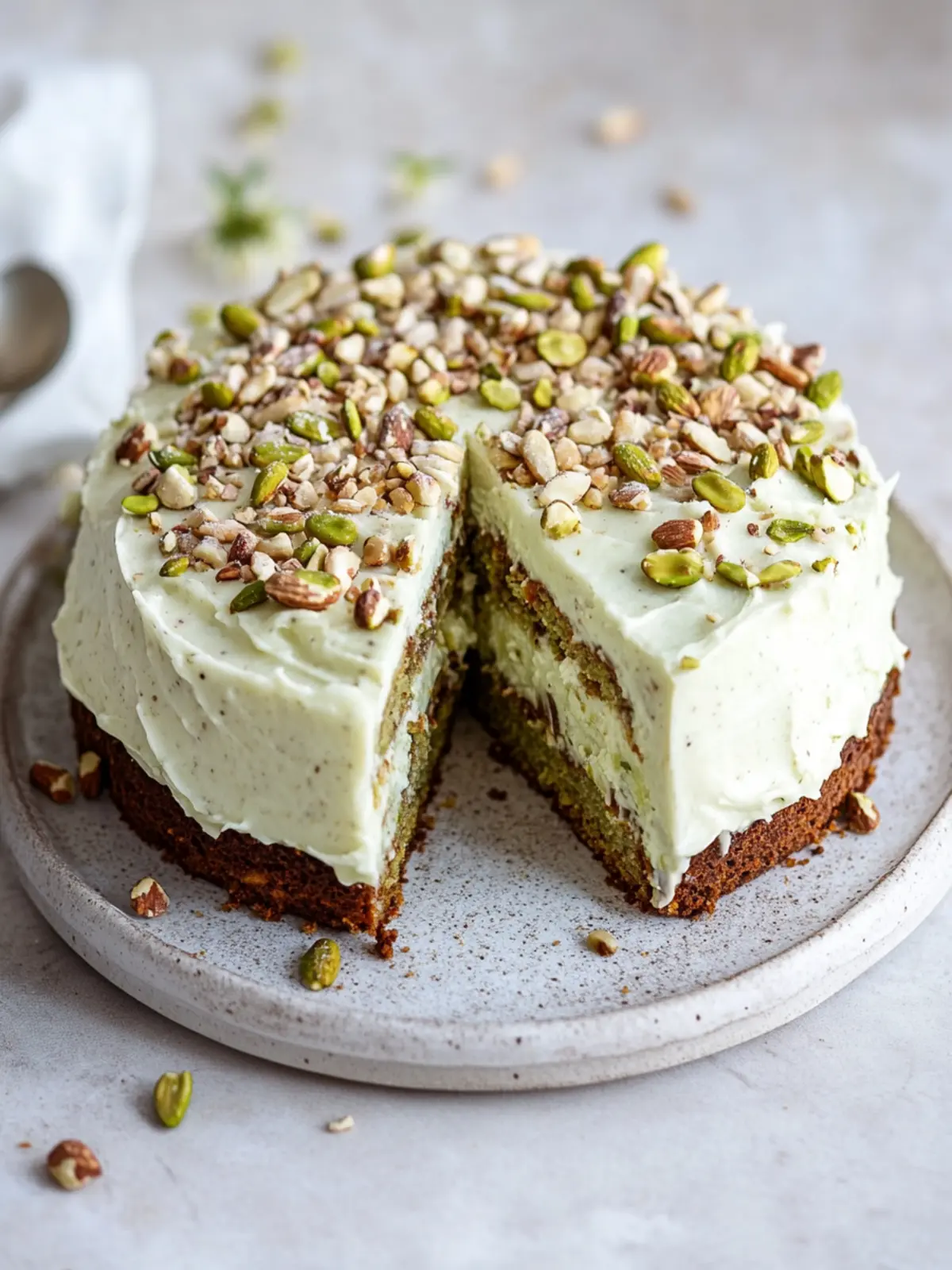 Veganer Karottenpistazienkuchen mit Frischkäse-Frosting