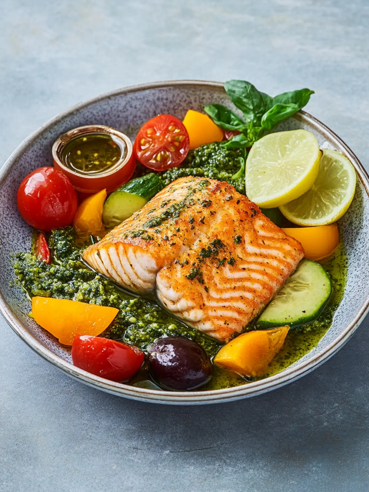 Lachs aus dem Airfryer mit mediterranem Gemüse und Pesto