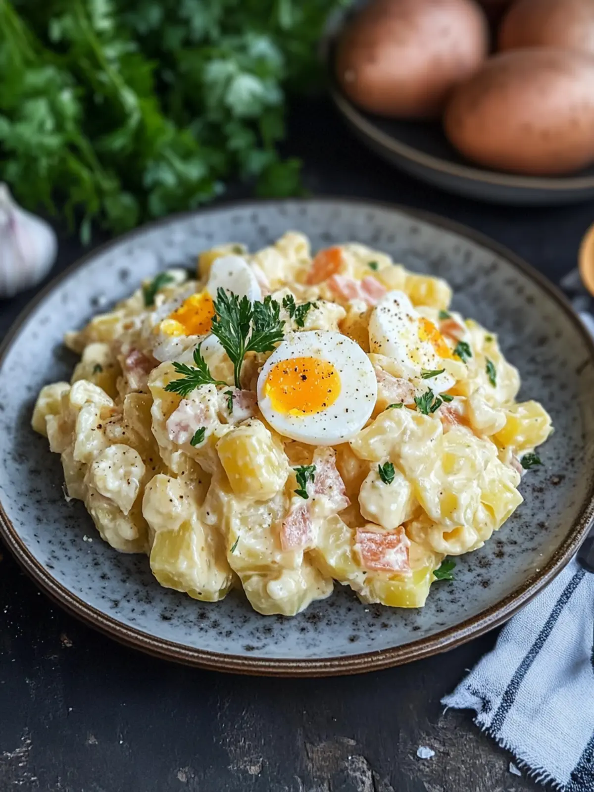 Omas einfacher Kartoffelsalat mit Mayonnaise und Ei