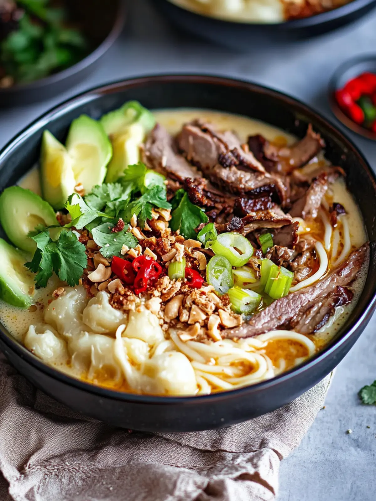 Cremige Kokos-Erdnuss-Ramen mit Chiliöl und veganem Rindfleisch