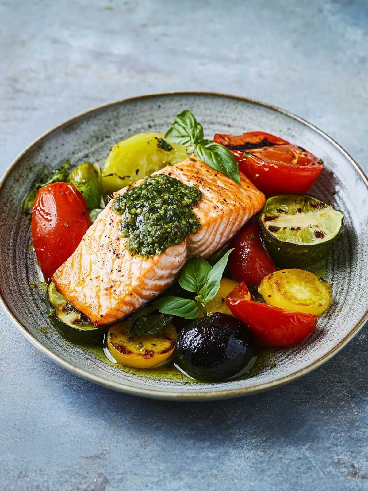 Lachs aus dem Airfryer mit mediterranem Gemüse und Pesto