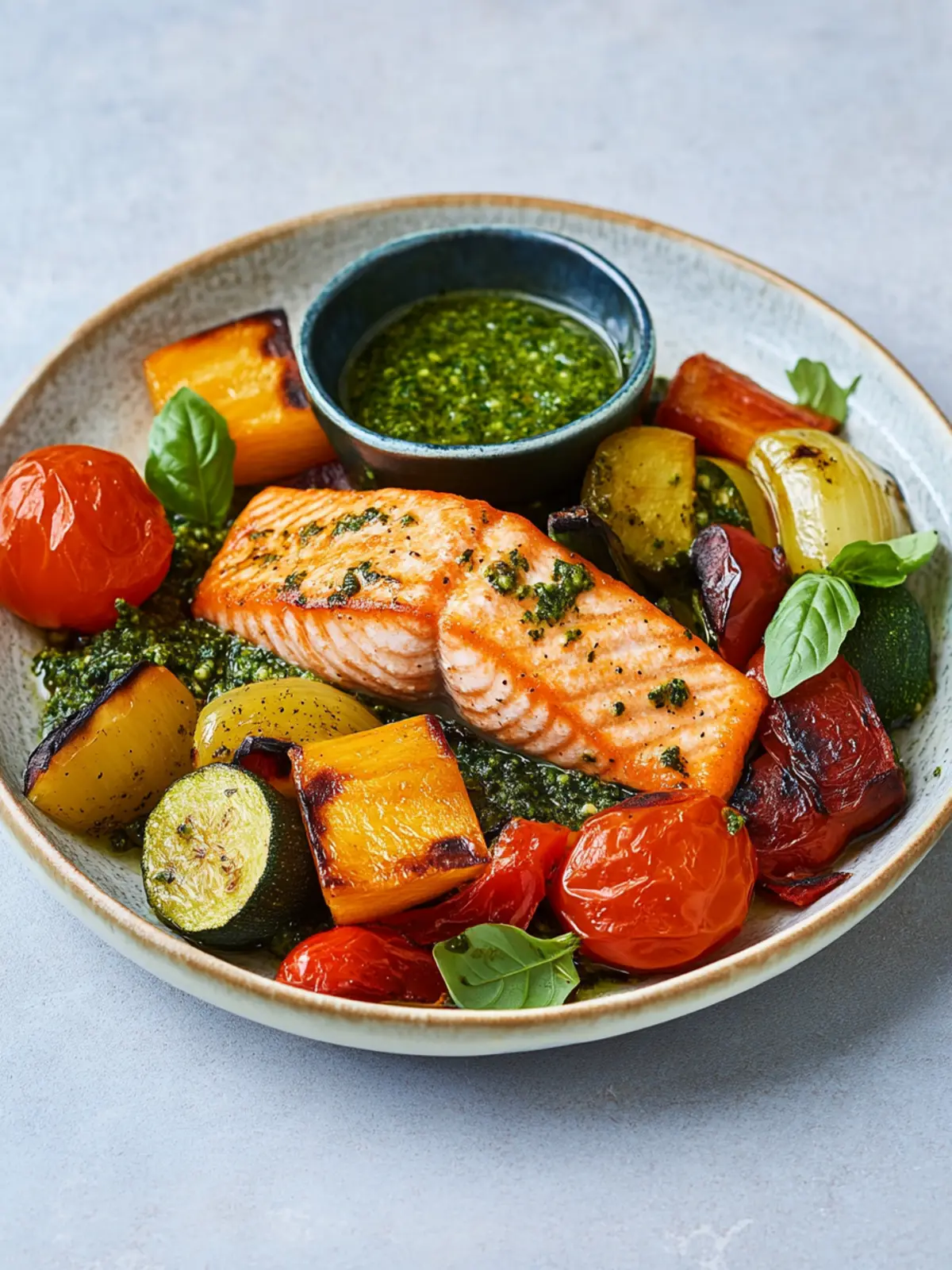 Lachs aus dem Airfryer mit mediterranem Gemüse und Pesto