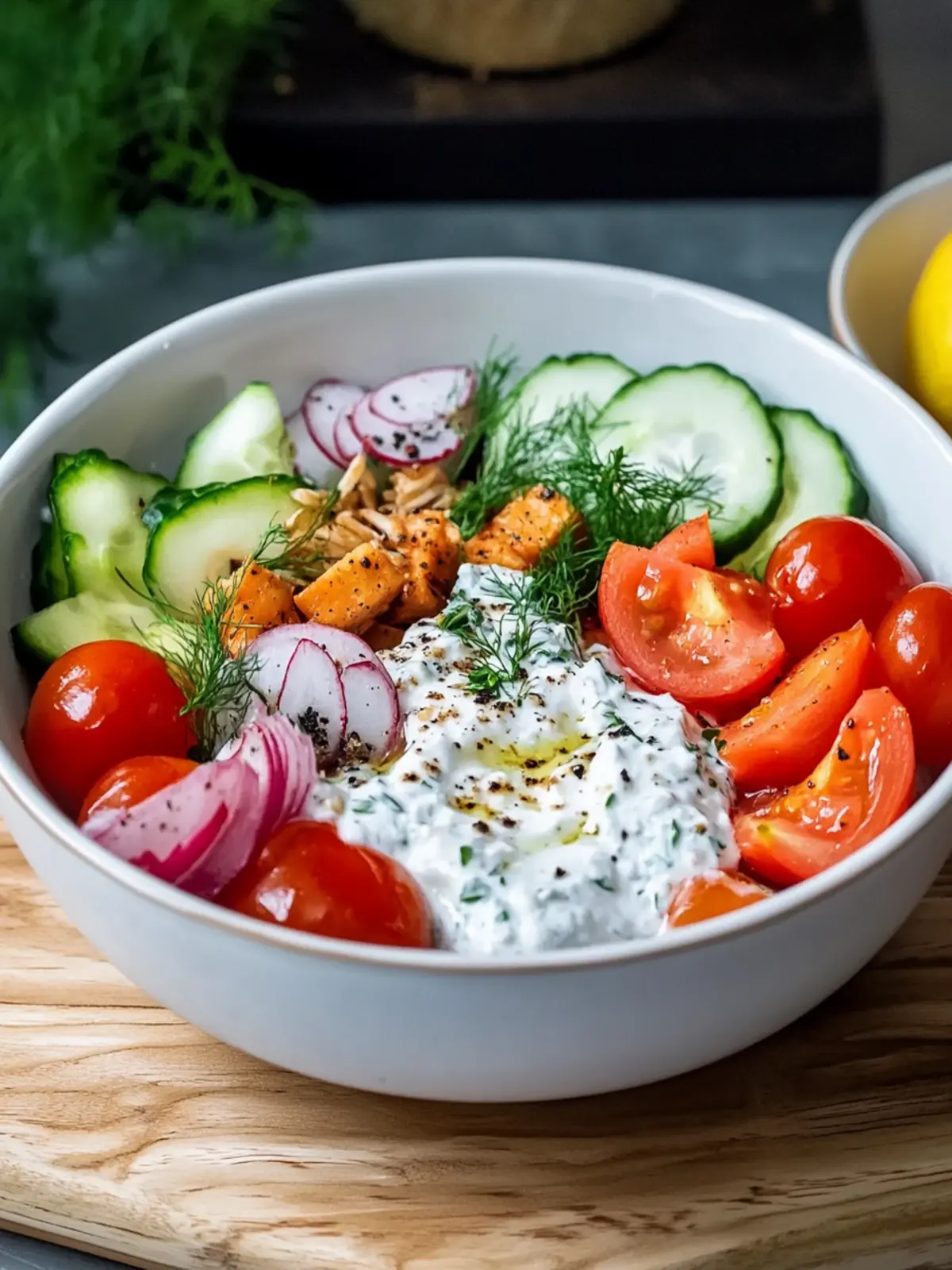 Griechische Hähnchen-Bowl mit Skyr-Zaziki & Vollkornreis