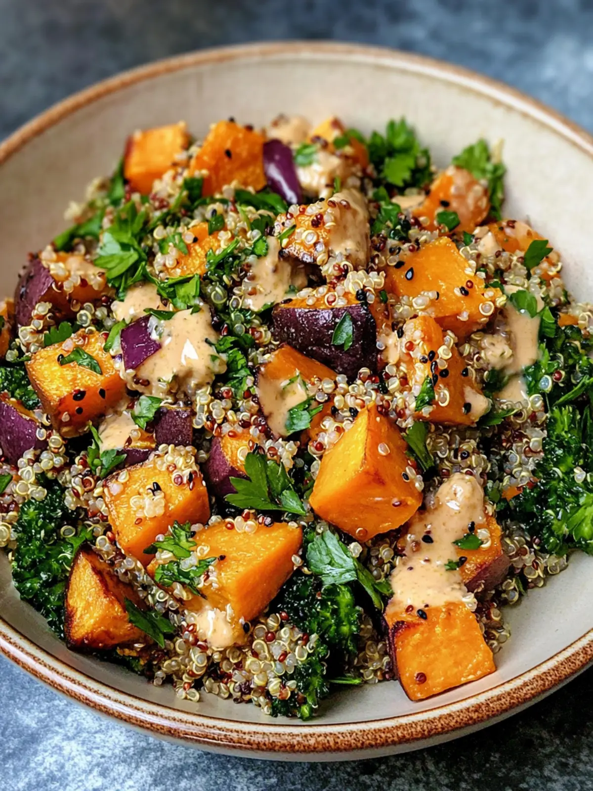 Roasted Sweet Potato Quinoa Salad with Sesame Miso Dressing