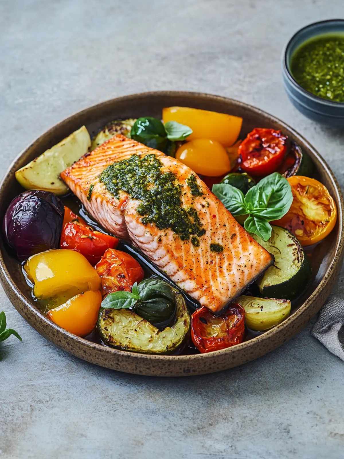 Lachs aus dem Airfryer mit mediterranem Gemüse und Pesto