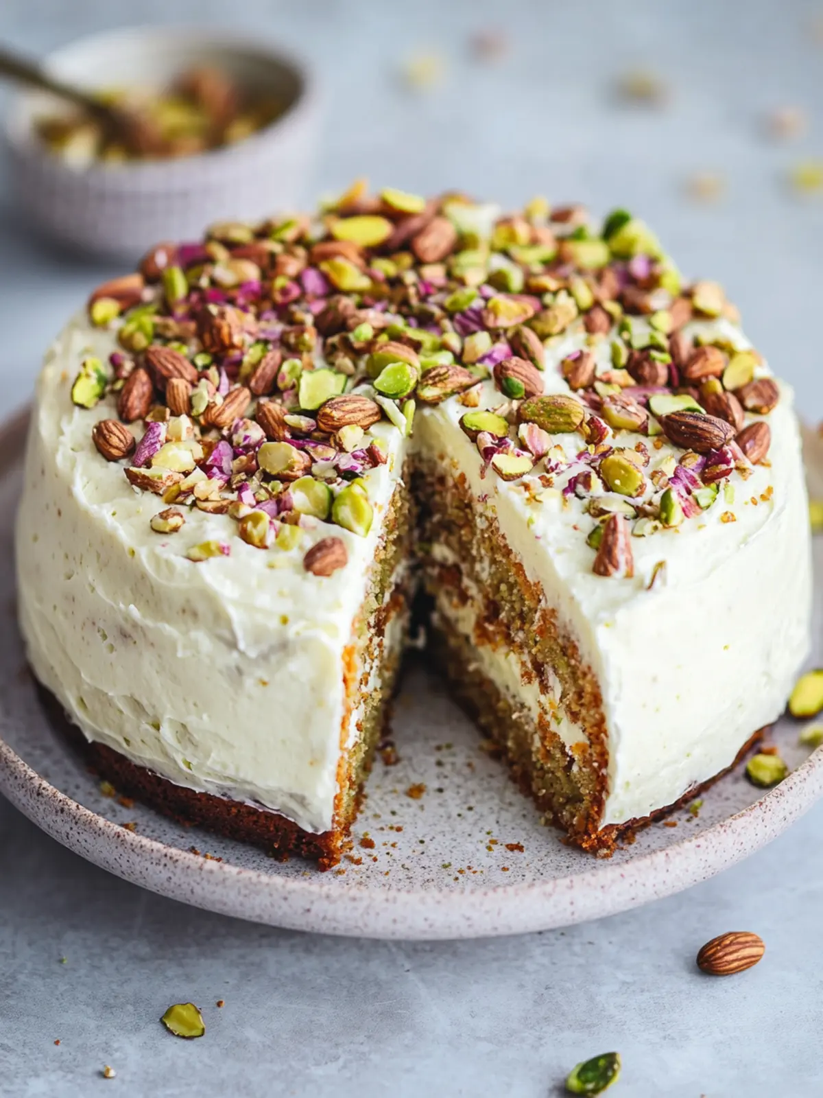 Veganer Karottenpistazienkuchen mit Frischkäse-Frosting