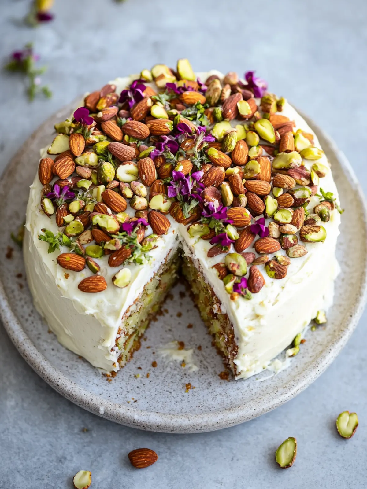Veganer Karottenpistazienkuchen mit Frischkäse-Frosting