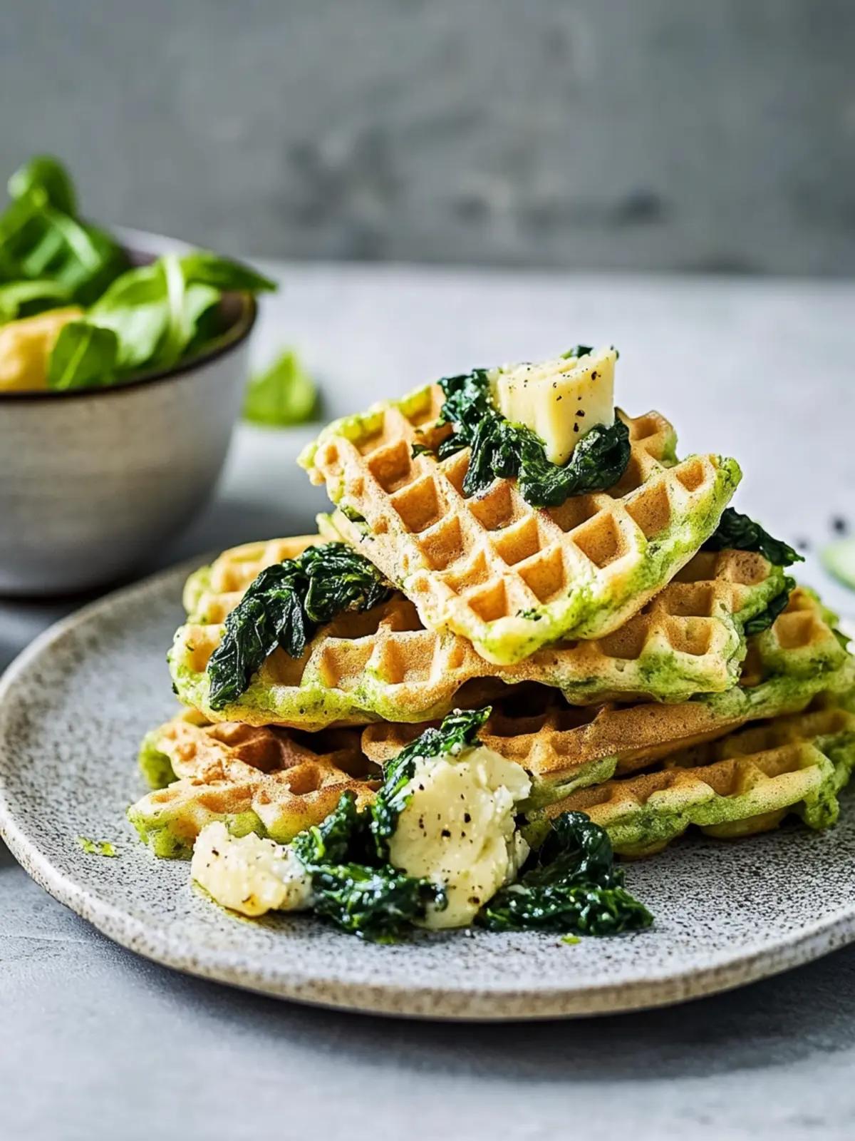 Vegane Brokkoli-Waffeln mit Spinat-Gemüse