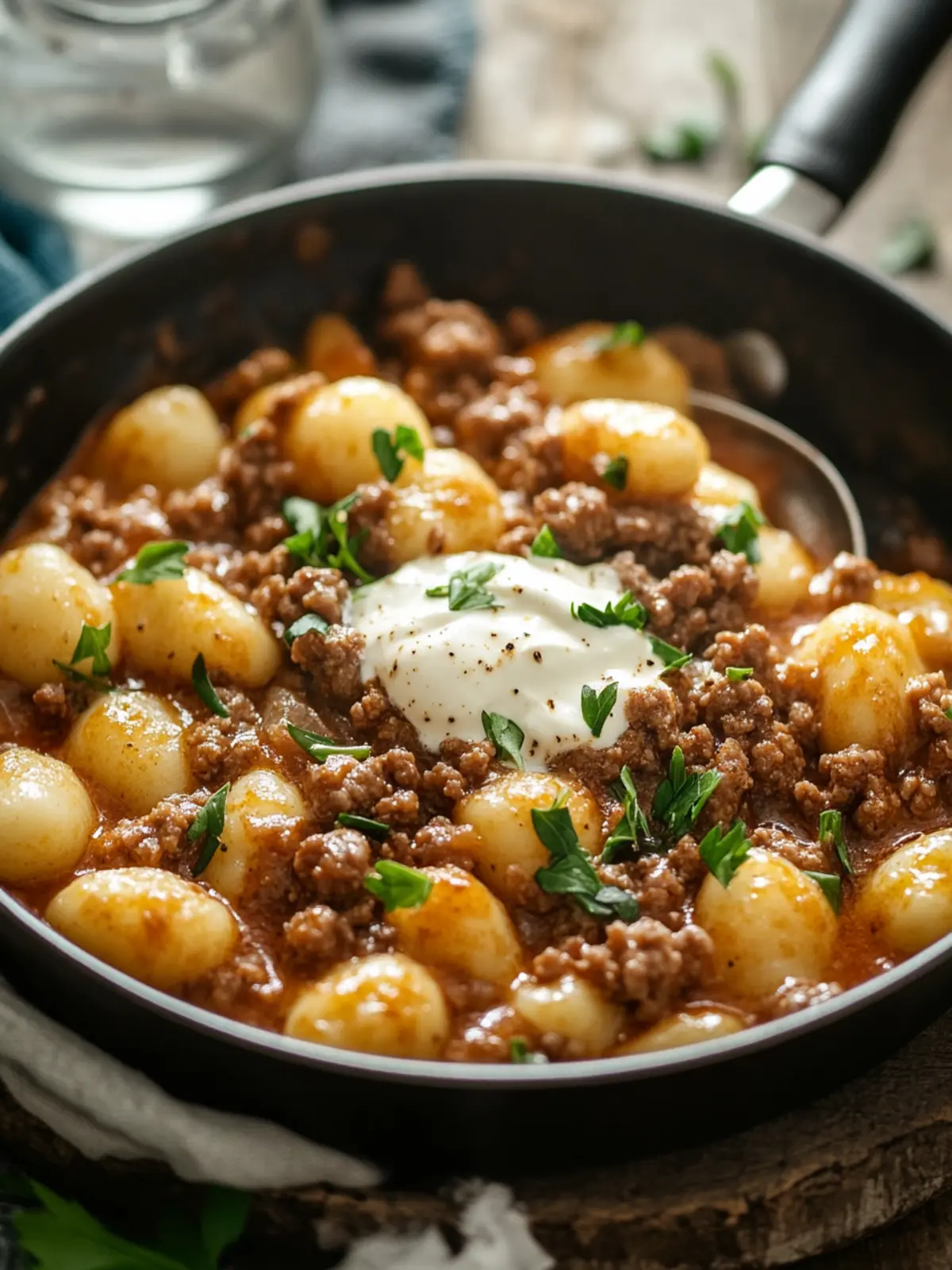 Simple skillet dish with ground meat, gnocchi, and sour cream