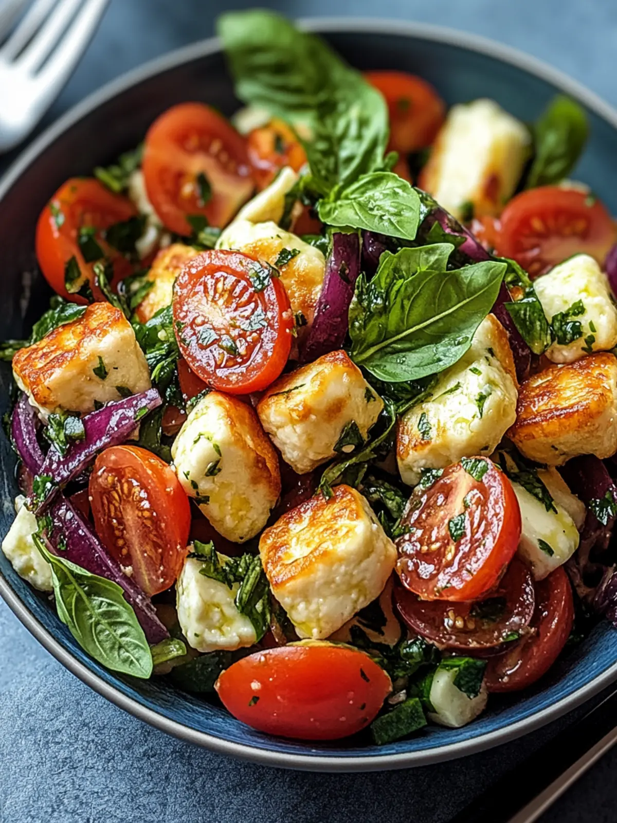 Kritharaki-Salat mit Halloumi-Croutons