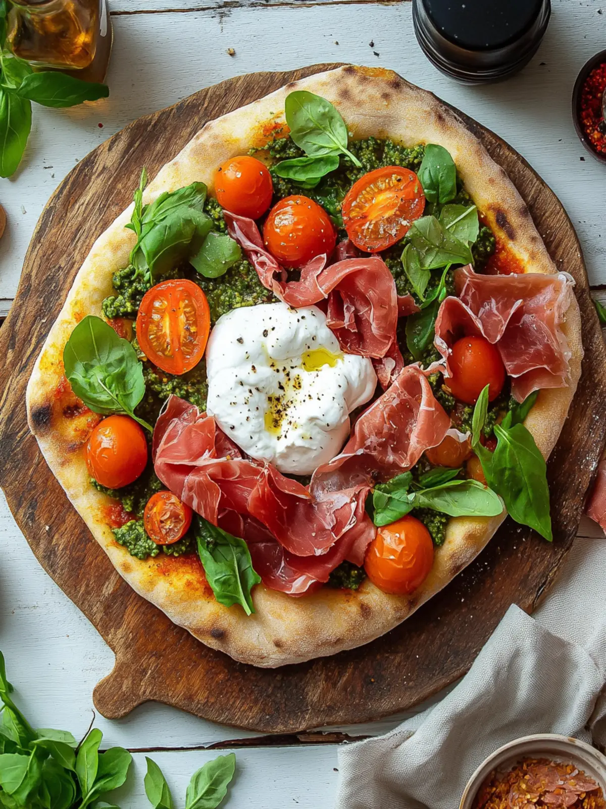 Pinsa mit Trapanesi-Pesto, Prosciutto, Burrata, getrockneten Tomaten und Rucola