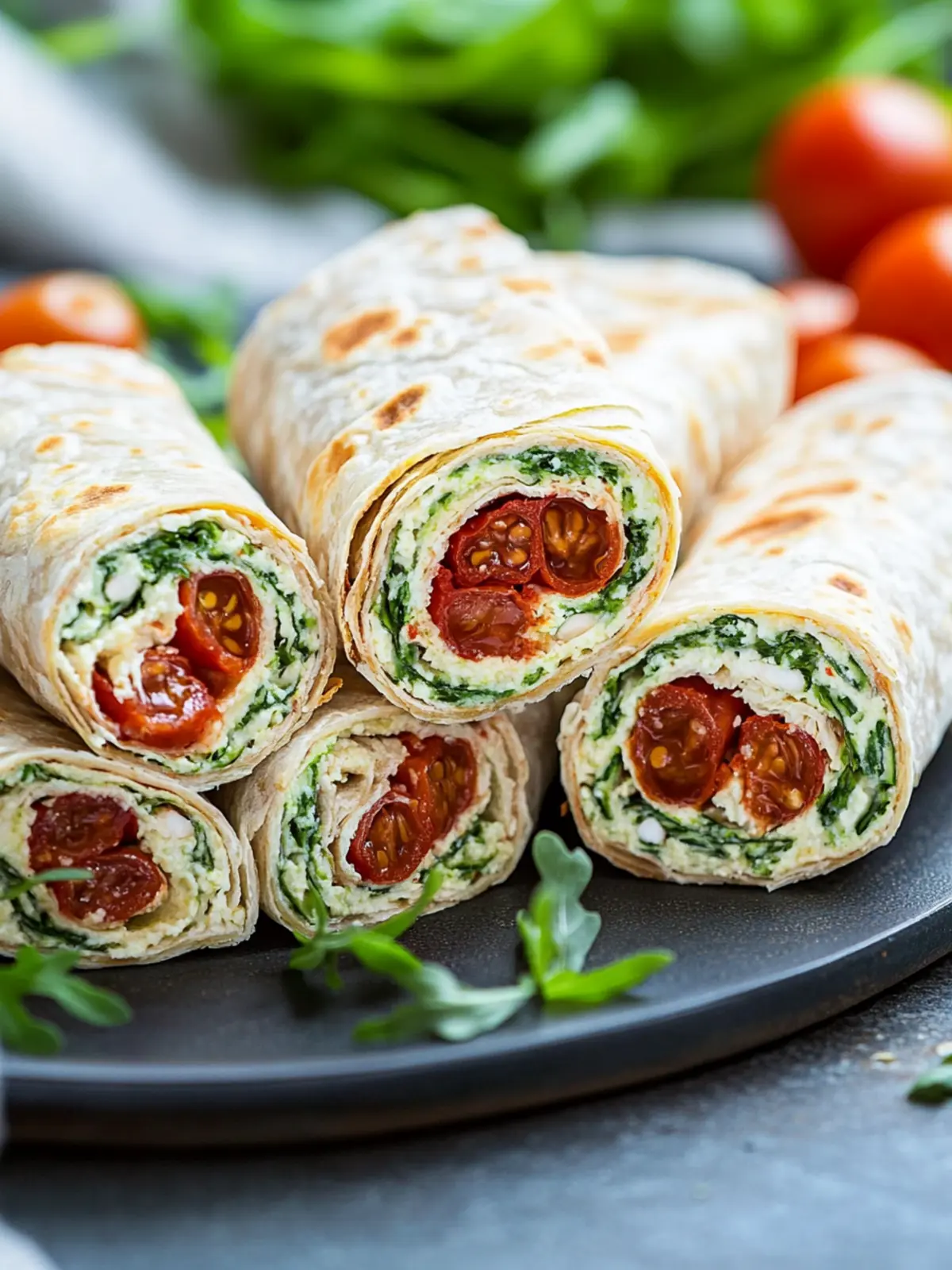 Vegetarische Wrap-Röllchen mit Rucola und Tomaten