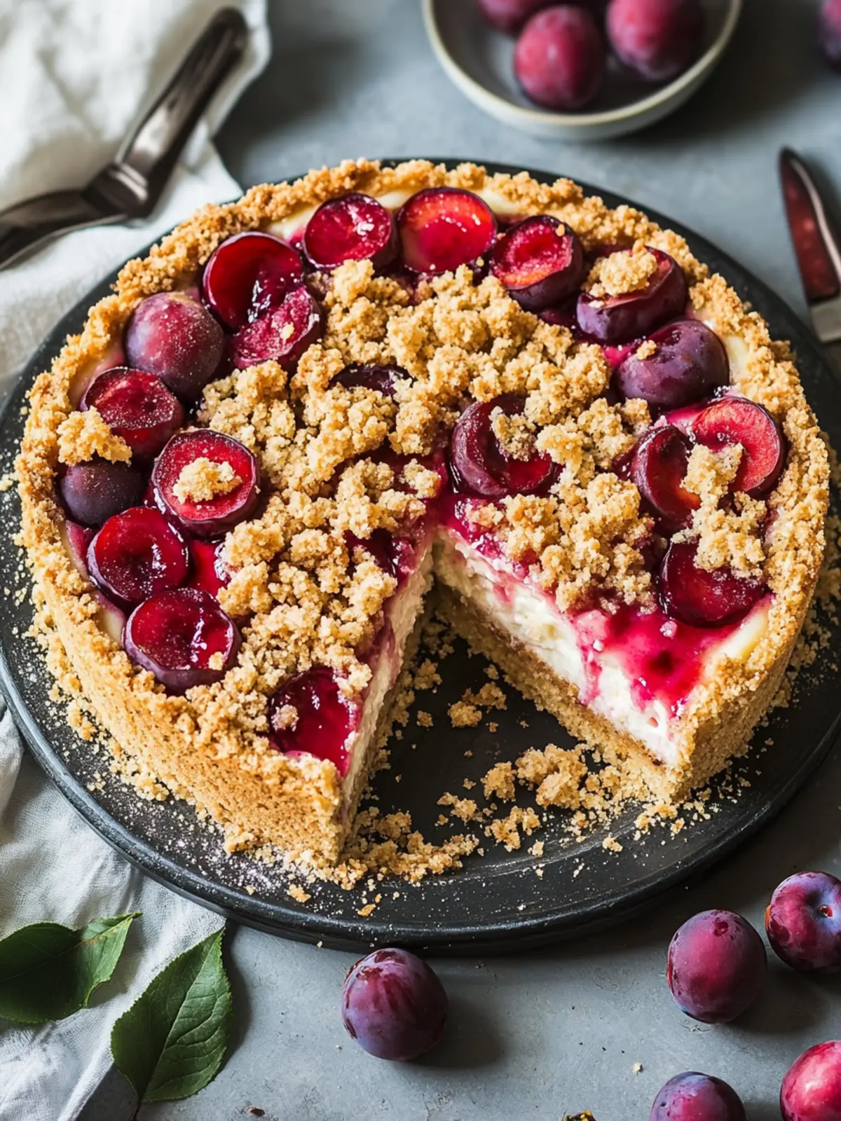Plum cake with pudding and cinnamon crumbles