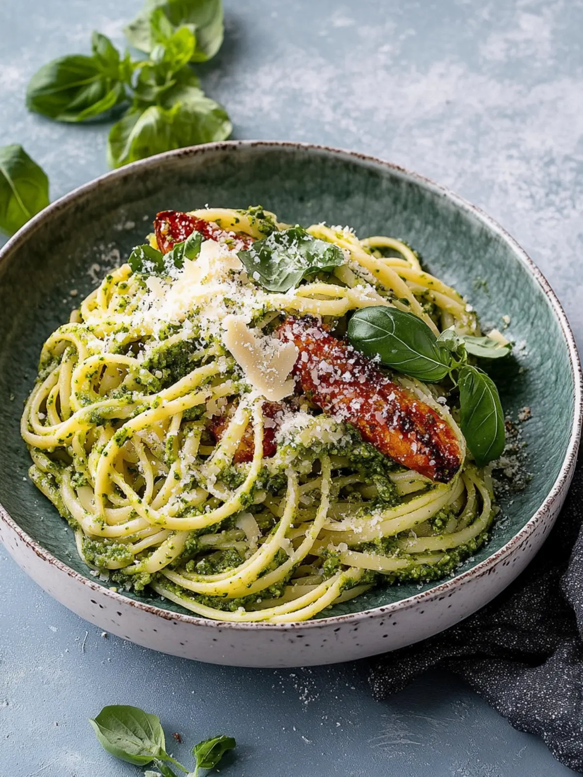 Cremige Pesto-Pasta mit knusprigem Parmesan-Hühnchen