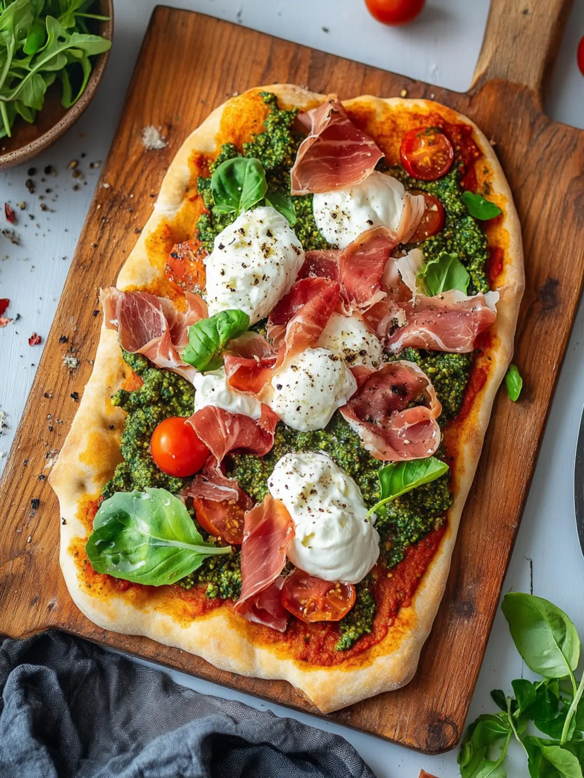 Pinsa mit Trapanesi-Pesto, Prosciutto, Burrata, getrockneten Tomaten und Rucola