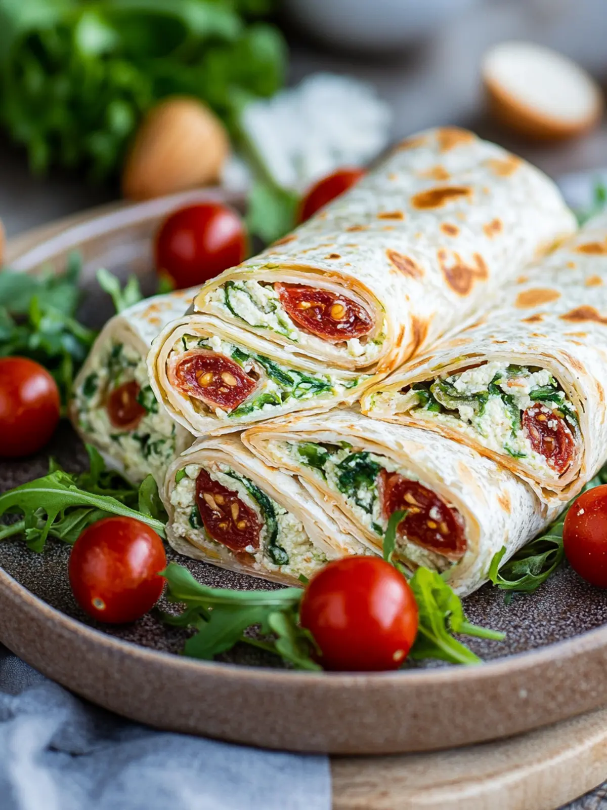Vegetarische Wrap-Röllchen mit Rucola und Tomaten