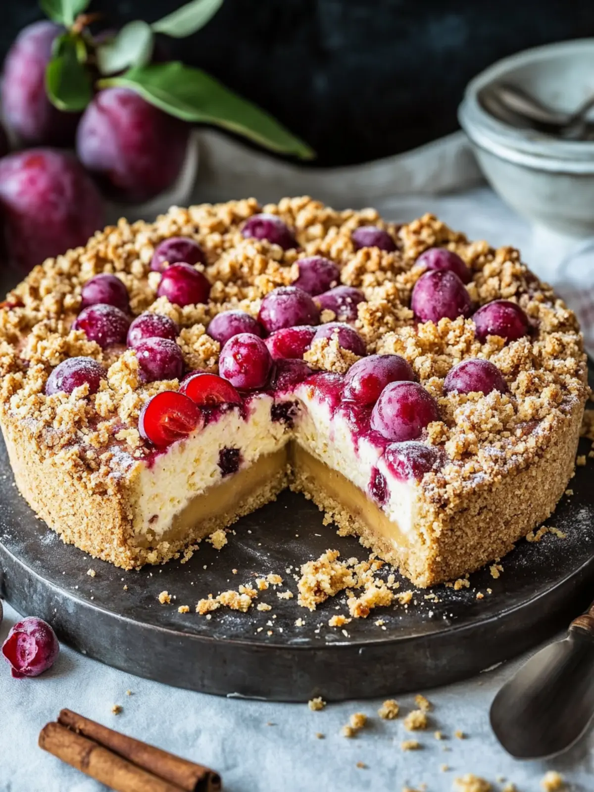 Plum cake with pudding and cinnamon crumbles