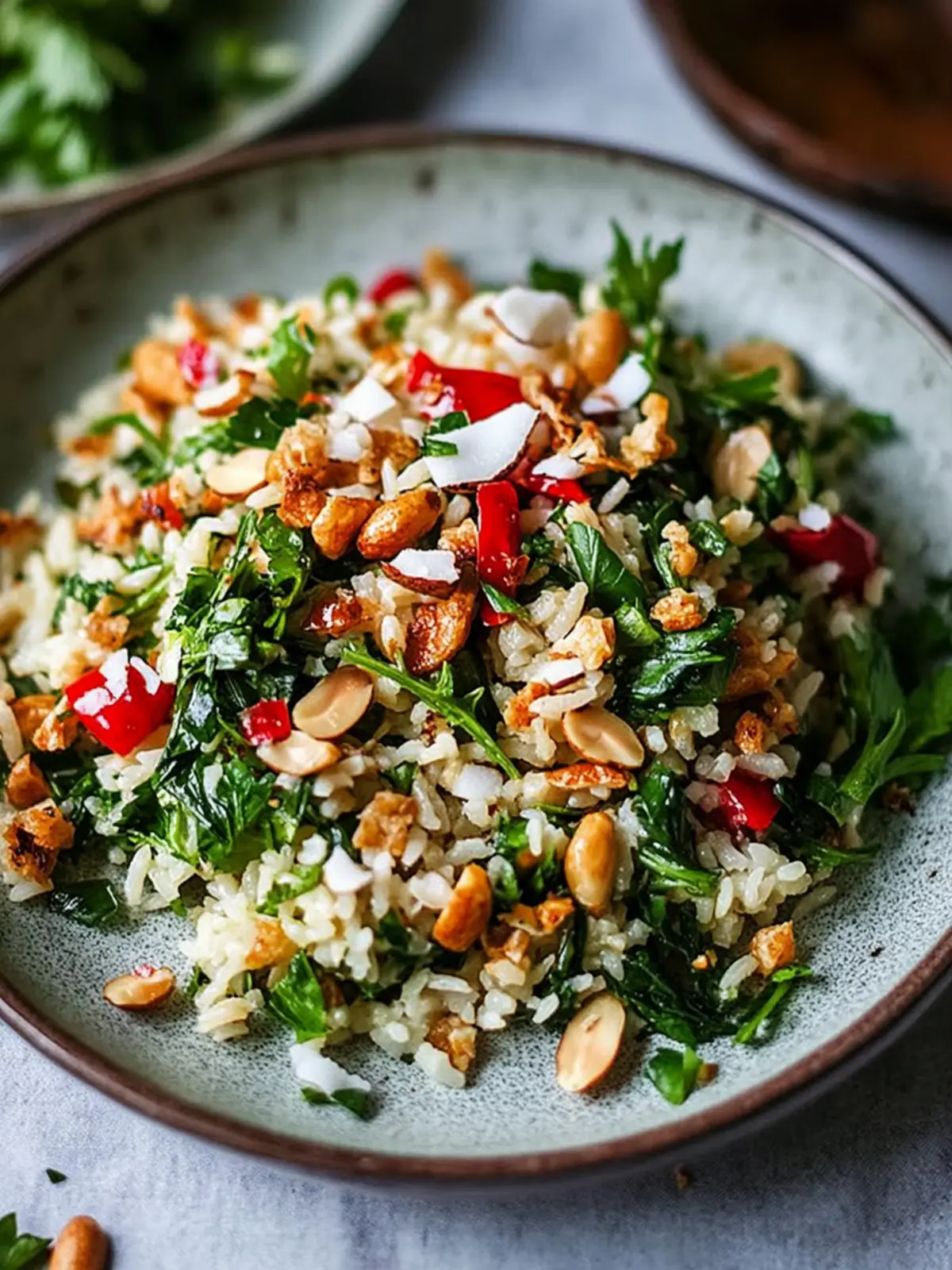 Crispy rice salad with roasted peanuts and coconut chips