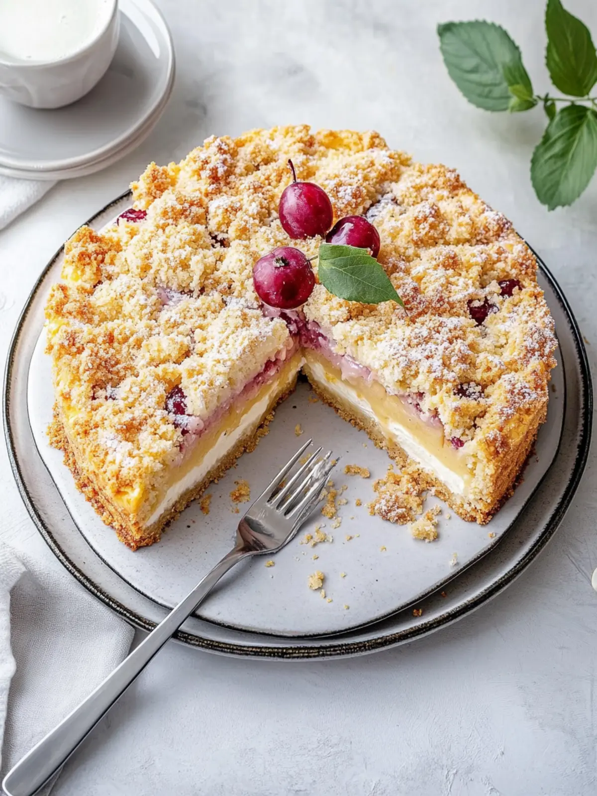 Plum cake with crumble and sour cream