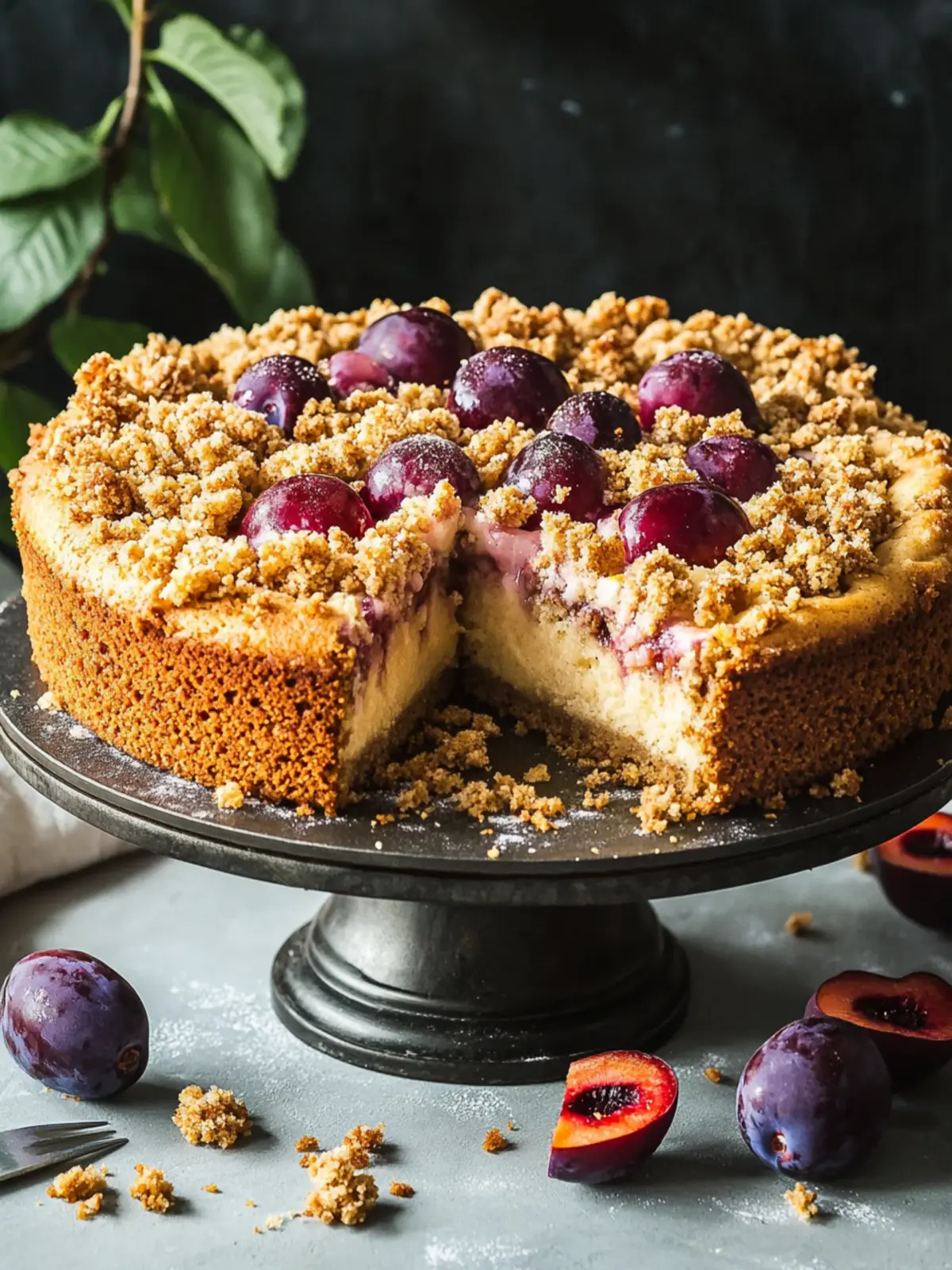 Plum cake with pudding and cinnamon crumbles
