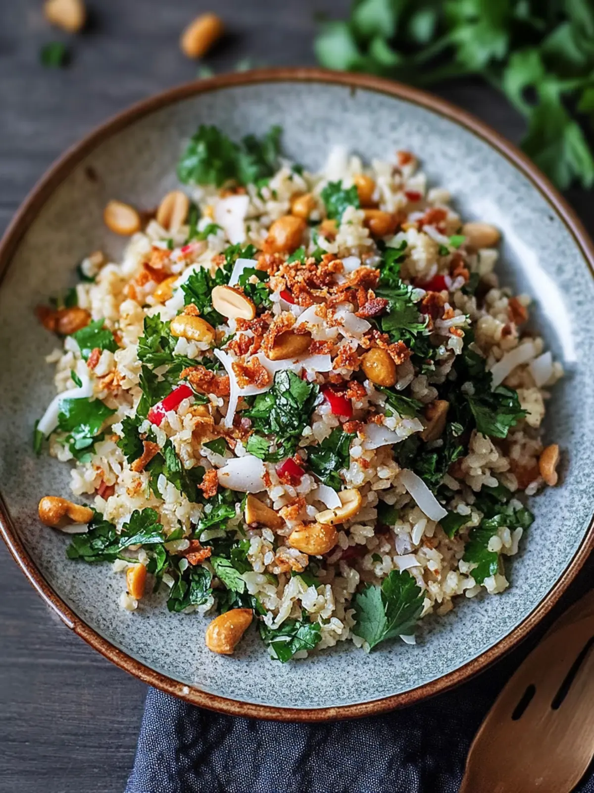 Crispy rice salad with roasted peanuts and coconut chips