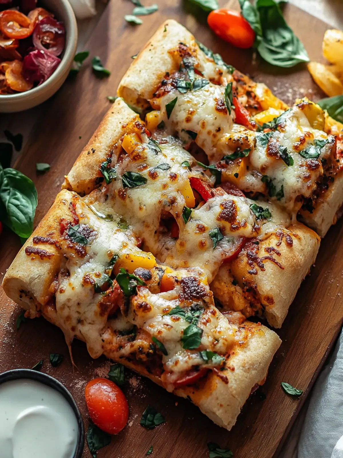 Vegane Pizzarollen-Stangen mit Gemüse & Hefeschmelz