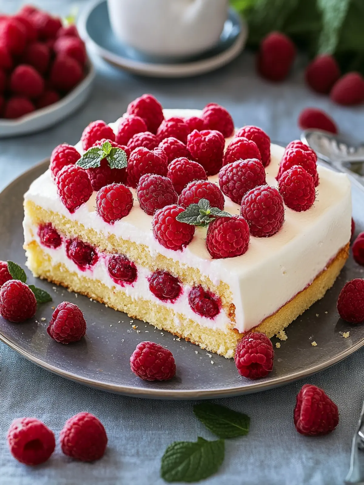 Delicious yogurt cake with fresh raspberries