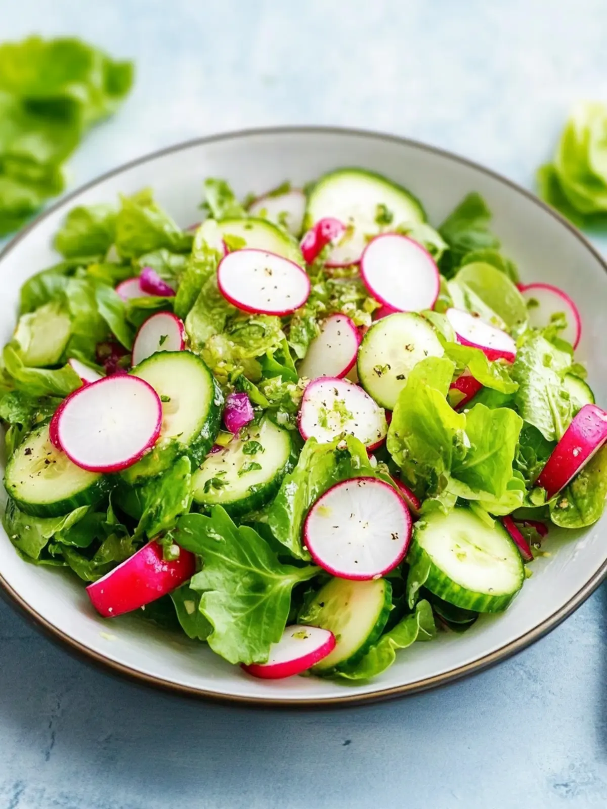 Fresh leaf salad with cucumbers and radishes